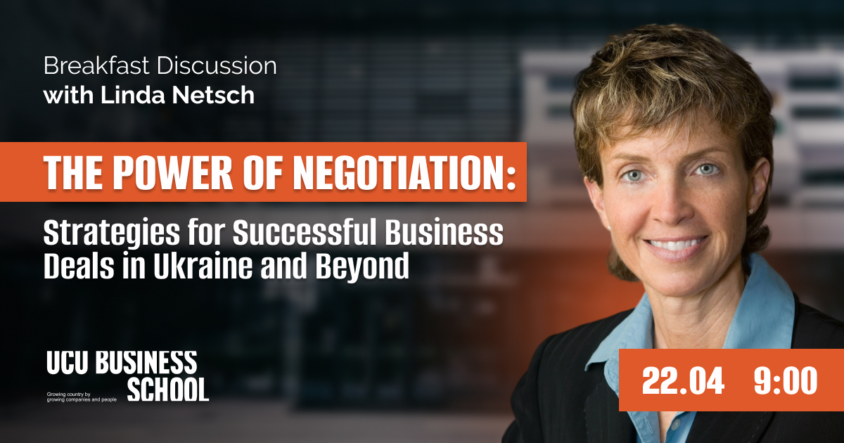On April 22 at 9:00, UCU Business School is hosting a business breakfast that will provide practical guidance to entrepreneurs on enhancing their negotiation outcomes. Participants will be educated on the art of conveying their ideas convincingly, negotiating with assurance, and establishing robust business connections in Ukraine and abroad.